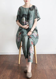 2021 New Loose Green Print Short Sleeve Shirt Casual Pants Linen Set - SooLinen