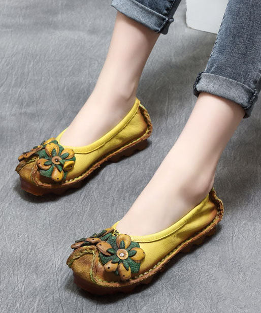 2023 Floral Splicing Flat Shoes Yellow Cowhide Leather