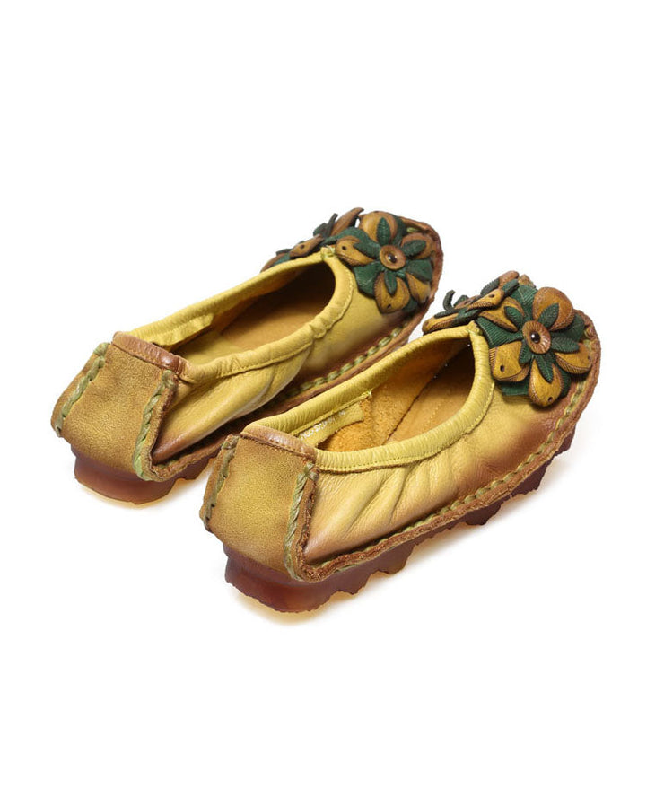 2023 Floral Splicing Flat Shoes Yellow Cowhide Leather