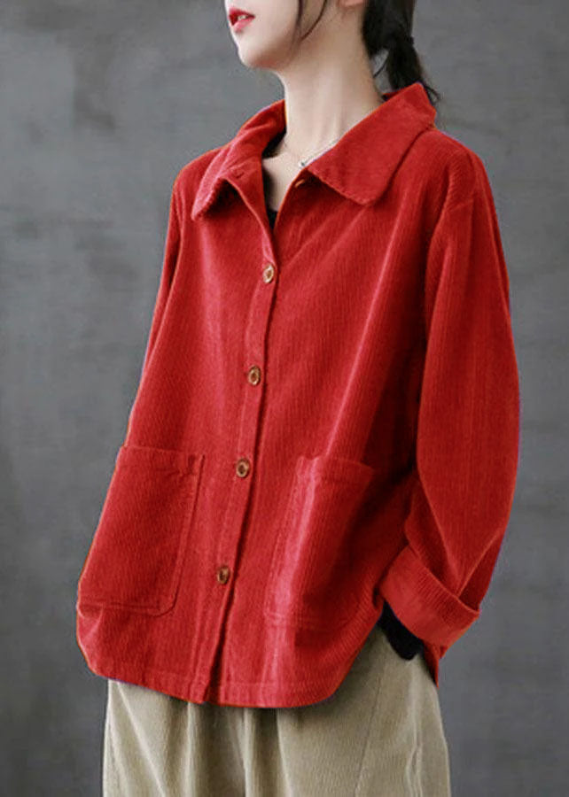 Red Loose Pockets Shirt Top Long Sleeve Corduroy Coat