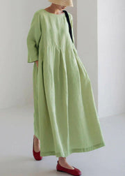 Light Green Cotton Dresses Pockets Patchwork Spring