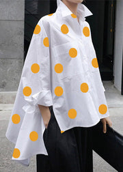 Natural Yellow Dot  Peter Pan Collar Low High Design Button Pockets Cotton Shirts Long Sleeve