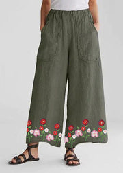 Tea Green-flower Cotton Linen Loose Wide Leg Casual Pants