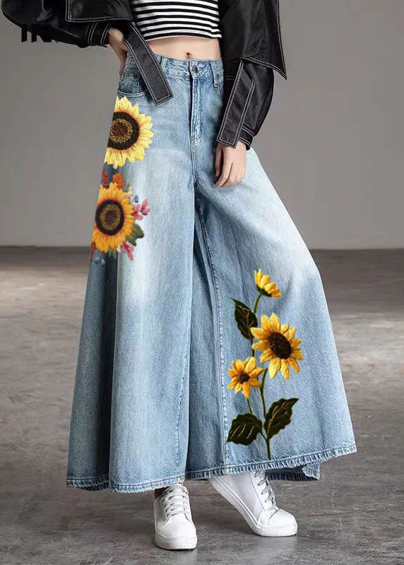 DIY Light Blue-sunflower fashion Pockets Casual Wide Leg Fall Denim Pants