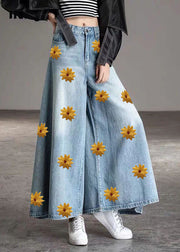 DIY Light Blue-sunflower fashion Pockets Casual Wide Leg Fall Denim Pants