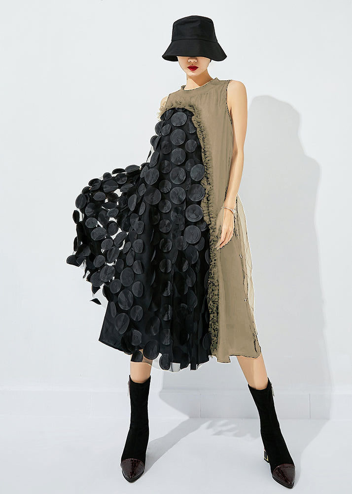 Bohemian Black-Khaki Dot Asymmetrical Patchwork Wrinkled Tulle Maxi Dress Sleeveless