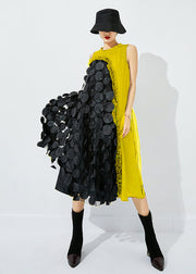 Bohemian Yellow-Black Dot Asymmetrical Patchwork Wrinkled Tulle Maxi Dress Sleeveless