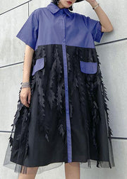 Beautiful lapel tulle Cotton summer clothes For Women Shape Blue Dress