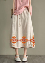 Women Beige-Diamond Linen Elastic Waist Button Skirt