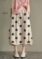 Women Beige-black dot Linen Elastic Waist Button Skirt