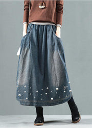 Blue-Colorful flowers Pockets Retro Patchwork Summer Skirts Denim