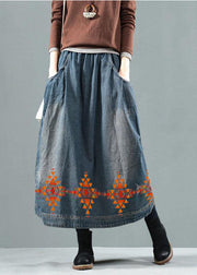 Blue-Colorful flowers Pockets Retro Patchwork Summer Skirts Denim