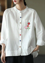 Modern White-yellow flower Loose Patchwork Pockets Fall Long Sleeve Blouse Top