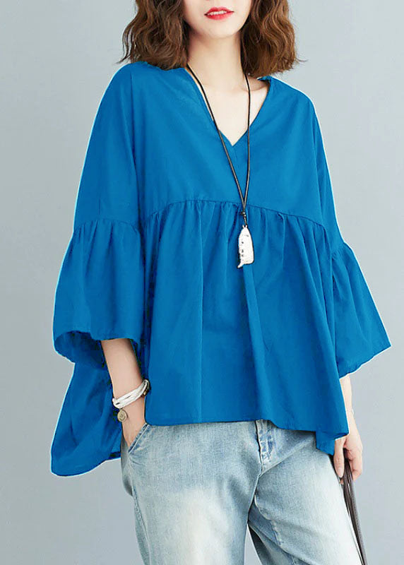 Blue V Neck Patchwork Asymmetrical Design Fall Top Three Quarter sleeve