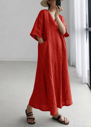 Plus Size Red Peter Pan Collar Pockets Linen Long Dresses Short Sleeve