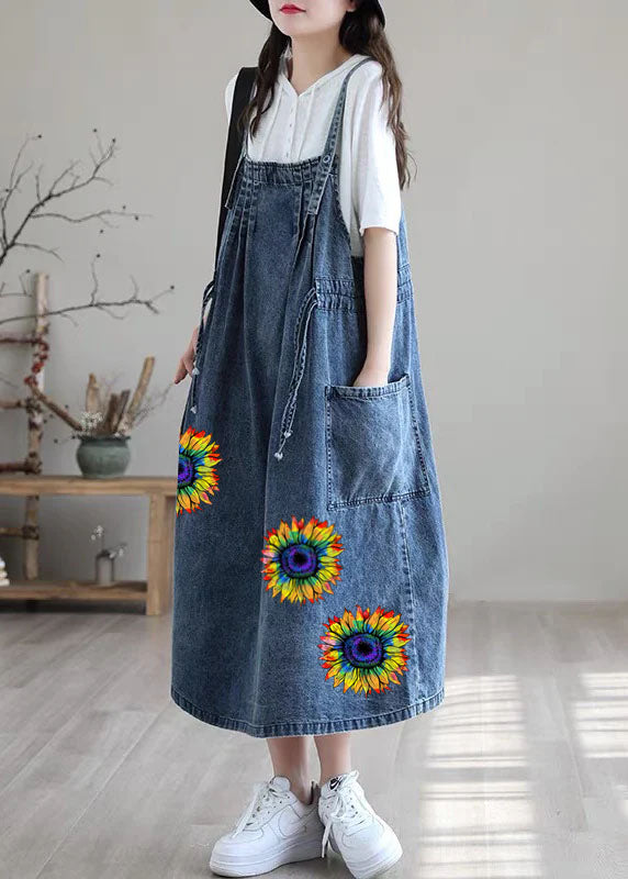 Plus Size Blue-sunflower drawstring pocket Spaghetti Strap Cotton denim Dress Spring