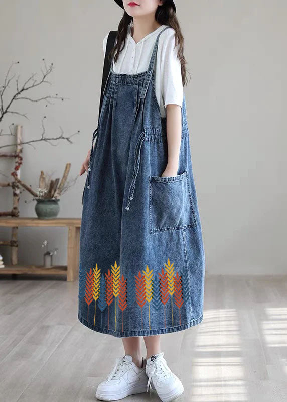 Plus Size Blue-brown flower drawstring pocket Spaghetti Strap Cotton denim Dress Spring