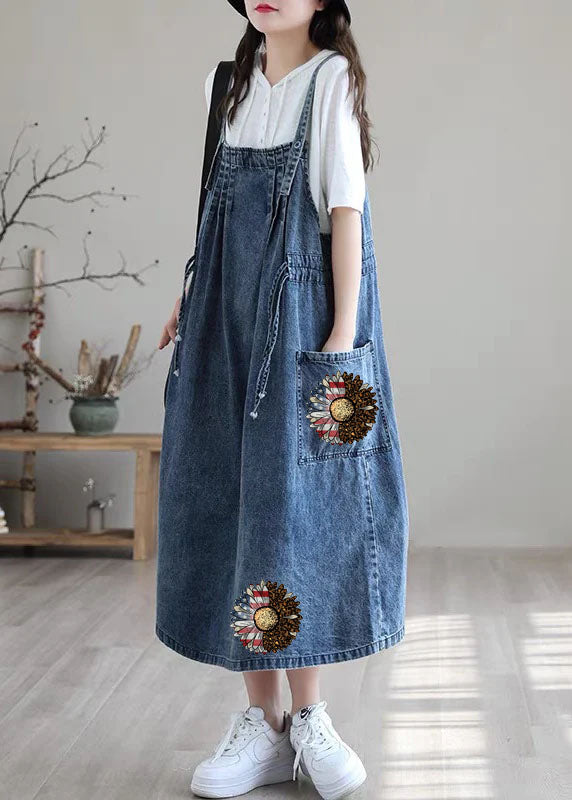 Plus Size Blue-lace drawstring pocket Spaghetti Strap Cotton denim Dress Spring