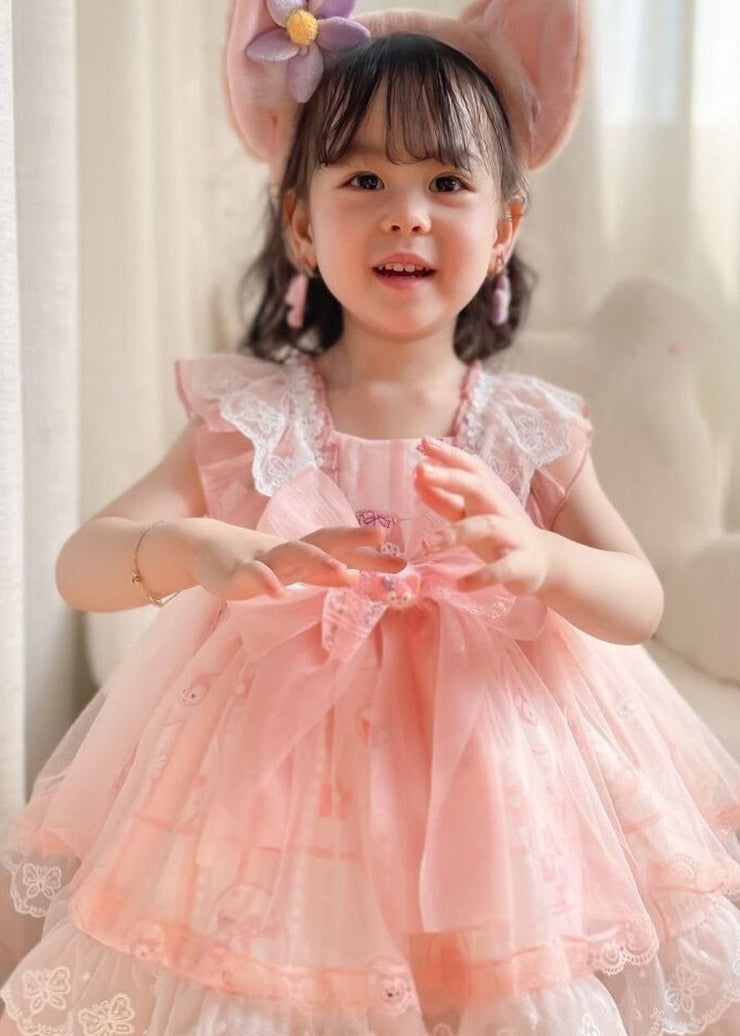 Unique Pink Ruffled Lace Cartoon Print Tulle Baby Girls Princess Dress Summer