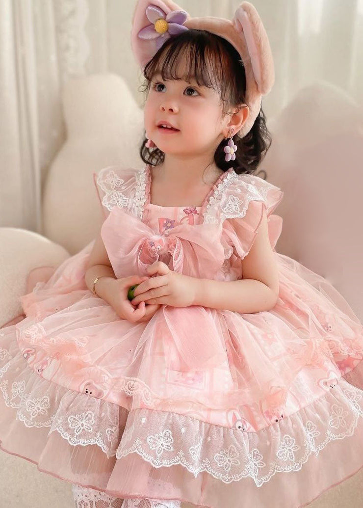 Unique Pink Ruffled Lace Cartoon Print Tulle Baby Girls Princess Dress Summer