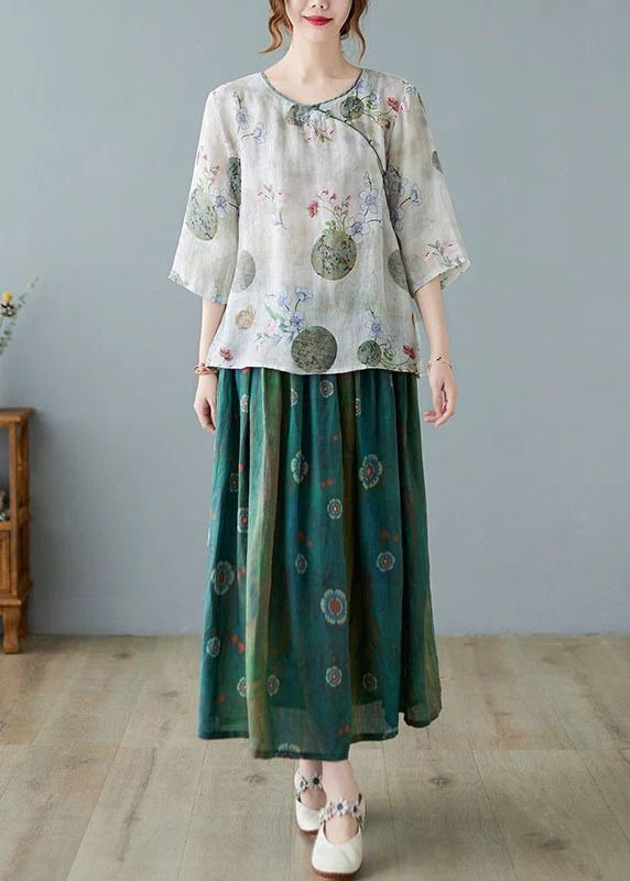 Women green texture Print Ramie Elastic Waist Skirt