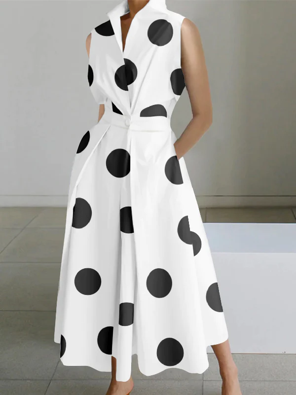 2024 White-big dots Peter Pan Collar Pockets Cotton Dress Long Sleeve