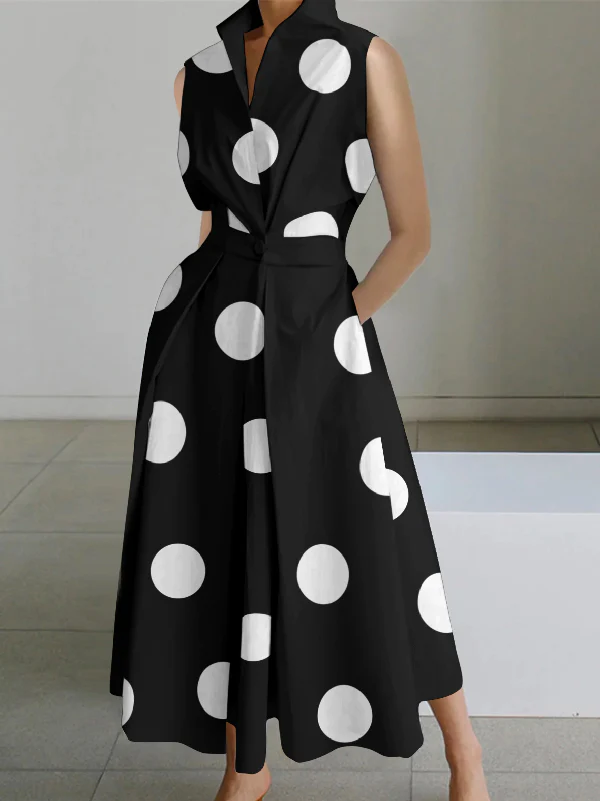 2024 Black-big dots Peter Pan Collar Pockets Cotton Dress Long Sleeve