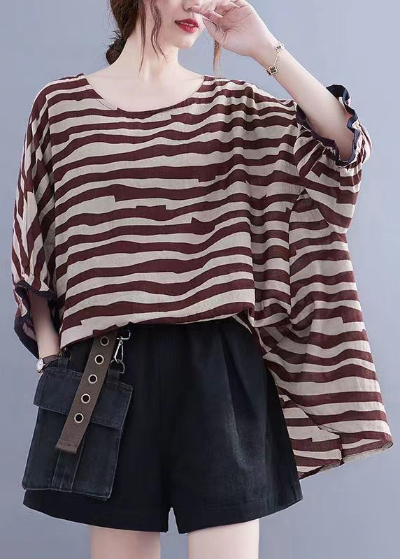 Boutique Black Striped Asymmetrical Patchwork Cotton Top Short Sleeve