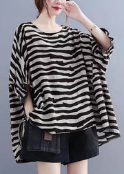 Boutique brown Striped Asymmetrical Patchwork Cotton Top Short Sleeve