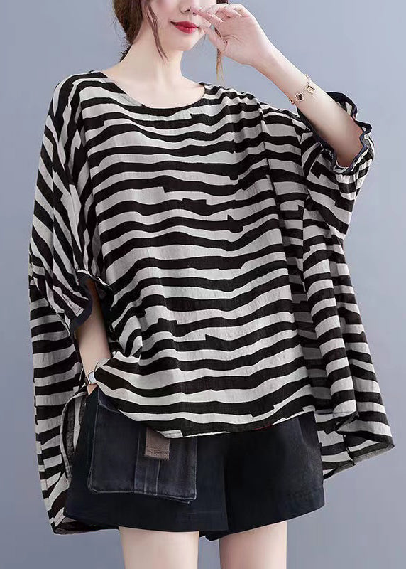 Boutique brown Striped Asymmetrical Patchwork Cotton Top Short Sleeve