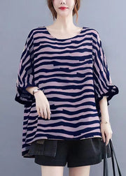 Boutique Red Striped Asymmetrical Patchwork Cotton Top Short Sleeve