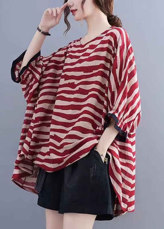 Boutique brown Striped Asymmetrical Patchwork Cotton Top Short Sleeve