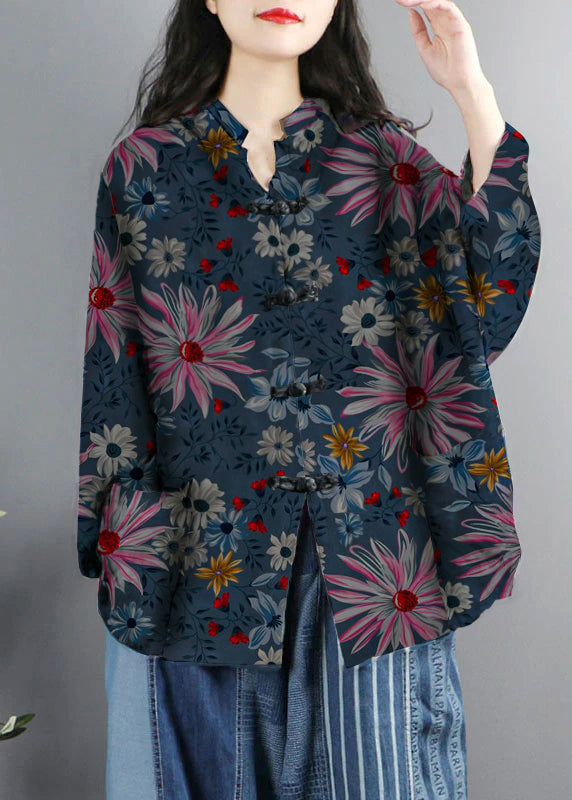 Chinese Style Green Print Pockets Button Patchwork Cotton Coats Long Sleeve