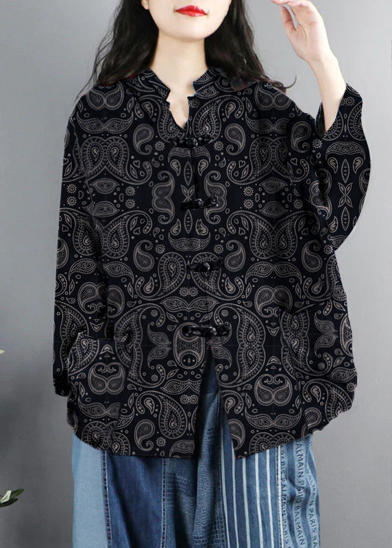 Chinese Style Red Print Pockets Button Patchwork Cotton Coats Long Sleeve