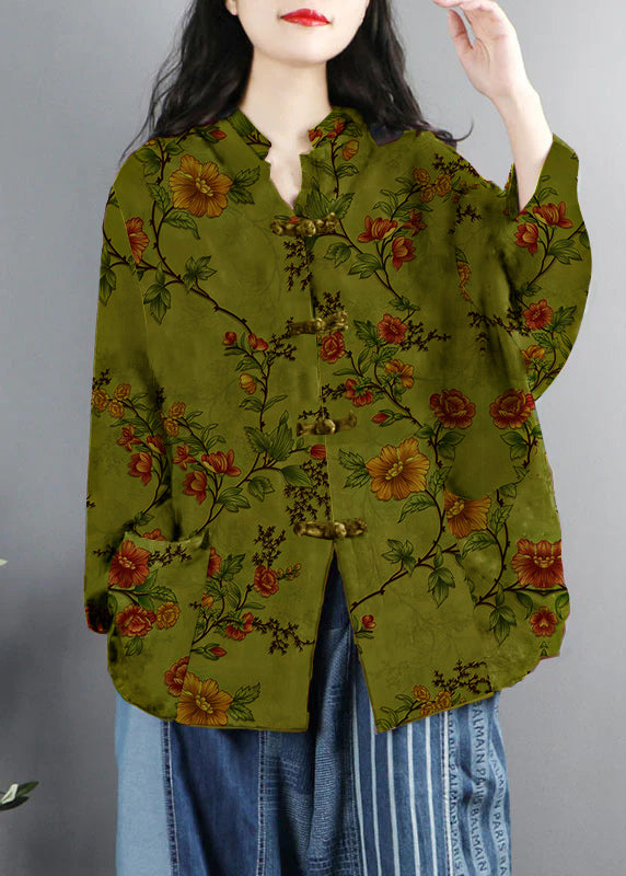 Chinese Style Yellow Print Pockets Button Patchwork Cotton Coats Long Sleeve