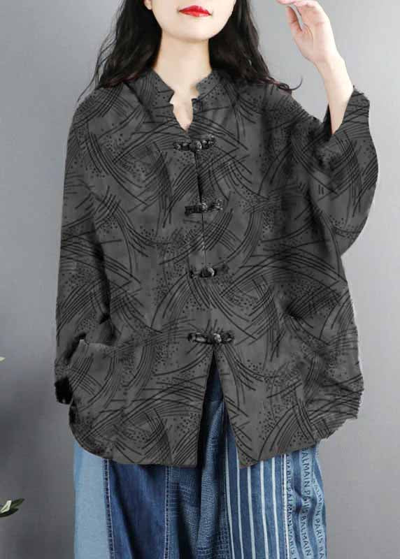 Chinese Style Purple Print Pockets Button Patchwork Cotton Coats Long Sleeve