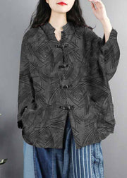 Chinese Style brown-pumpkin Print Pockets Button Patchwork Cotton Coats Long Sleeve