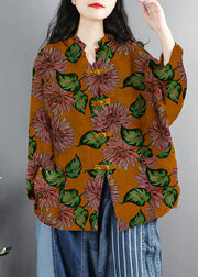 Chinese Style Blue-flower Print Pockets Button Patchwork Cotton Coats Long Sleeve