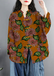 Chinese Style Purple Print Pockets Button Patchwork Cotton Coats Long Sleeve