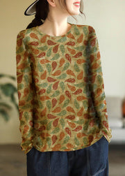 Elegant Beige O-Neck Print Cotton Knitted Top Long Sleeve