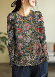 Elegant Grey O-Neck Print Cotton Knitted Top Long Sleeve