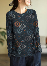 Elegant Indigo-Floral O-Neck Print Cotton Knitted Top Long Sleeve