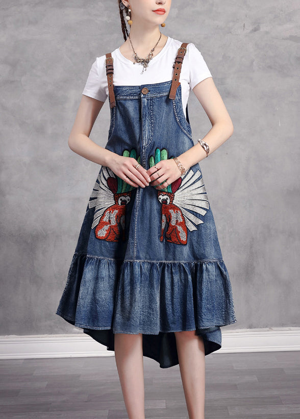 2024 Blue Print Low High Design Spaghetti Strap Sundress Sleeveless