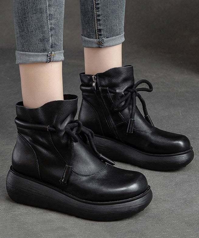 2024 Lace Up Zippered Splicing Platform Boots Black Cowhide Leather