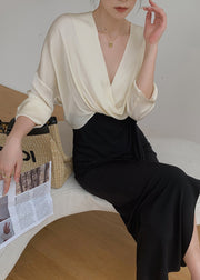 2024 New Chic Beige V Neck Chiffon Shirts Batwing Sleeve