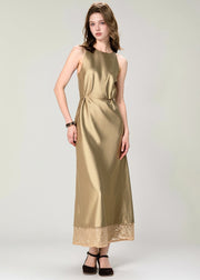 2024 New Gold Print Patchwork Silk Long Dress Summer