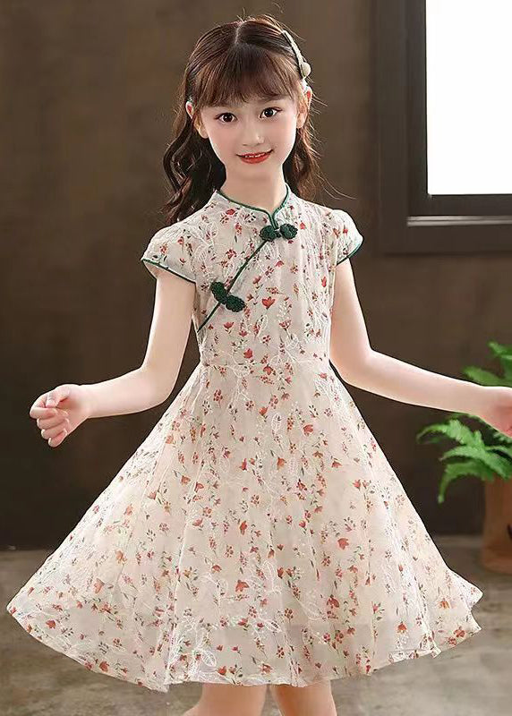 2024 New Green Stand Collar Print Girls Maxi Dresses Short Sleeve