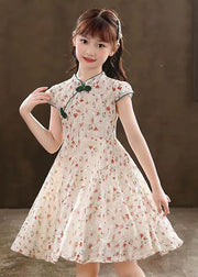 2024 New Green Stand Collar Print Girls Maxi Dresses Short Sleeve