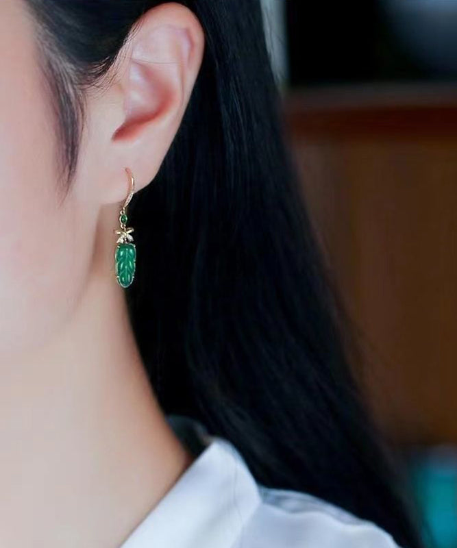 2024 New Green Sterling Silver Overgild Jade Lea Drop Earrings