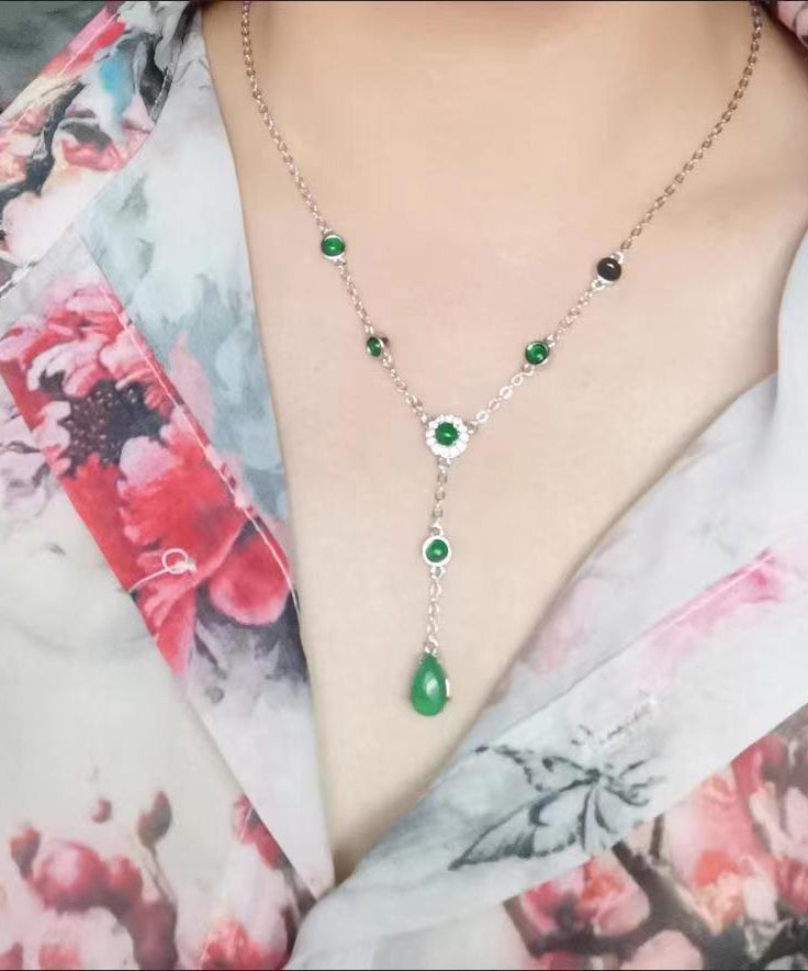 2024 New Green Sterling Silver Overgild Zircon Jade Tassel Pendant Necklace